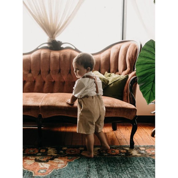Boys Vintage Beige Grow with Me suspender shorts new - Picture 1 of 10